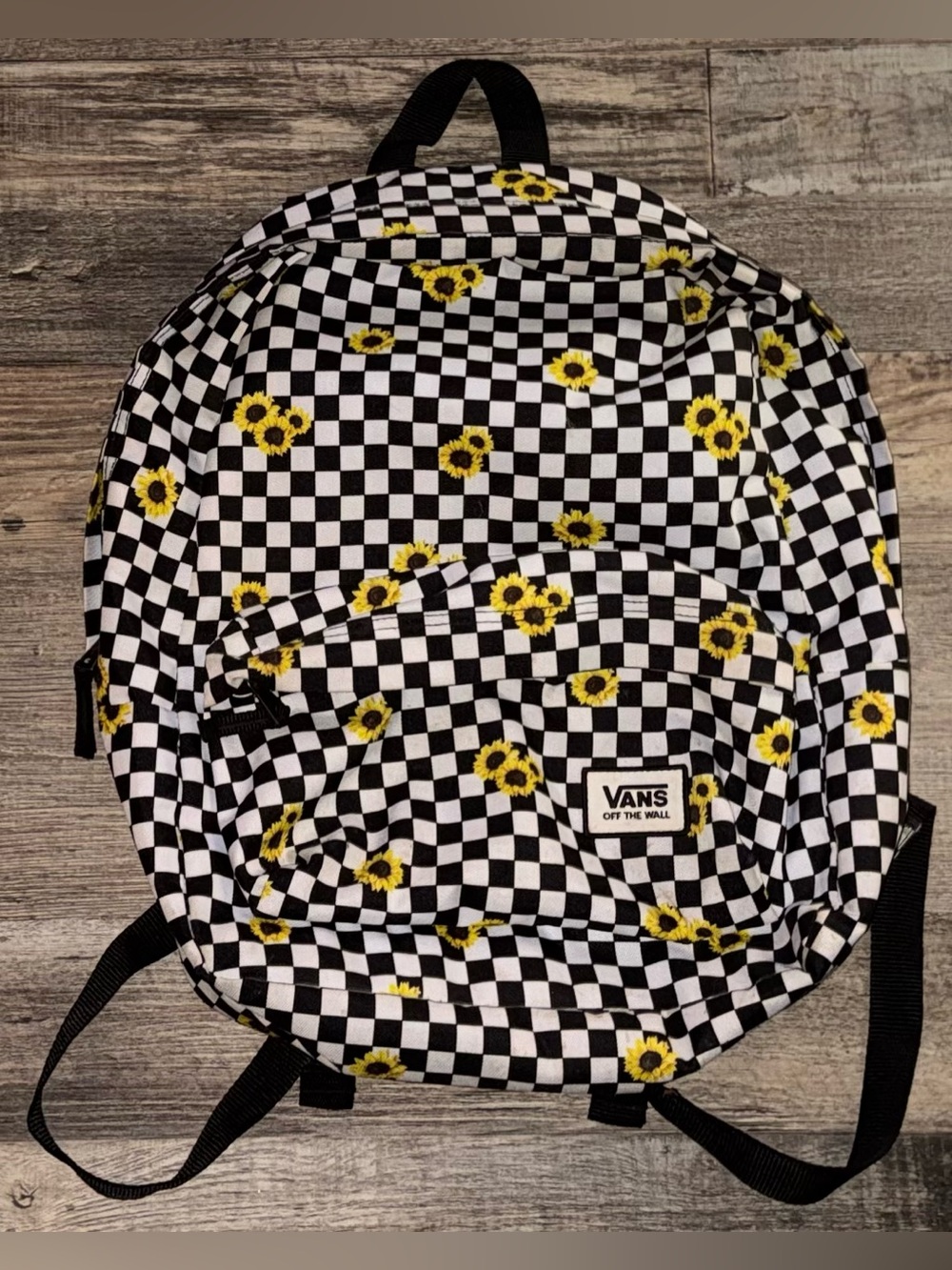 Vans Kids Checkerboard Sunflower Backpack - Black/White with Yellow floral